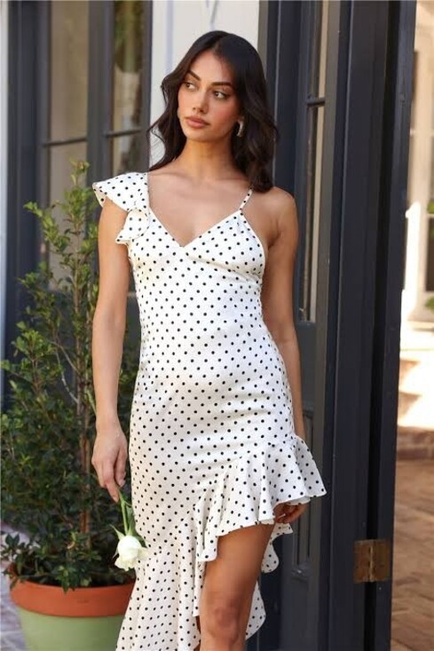 Hello Molly Dresses & Skirts - Hello Molly Riviera Satin Polka Dot Ruffle Maxi Dress – Cream – Size M